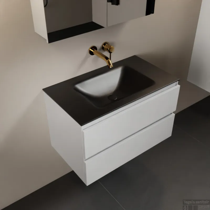 MONDIAZ AIVY 80cm badmeubel Talc, wastafel Urban solid surface midden zonder kraangat met spiegelkast (AI-351171URBAN-NO - AI-M80TAMI - AI-C80TAMI) Shop Nu