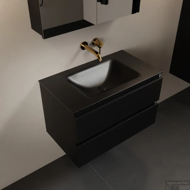 MONDIAZ AIVY 80cm badmeubel Urban, wastafel Urban solid surface midden zonder kraangat met spiegelkast (AI-351171URBAN-NO - AI-M80URMI - AI-C80URMI) Laatste Kans