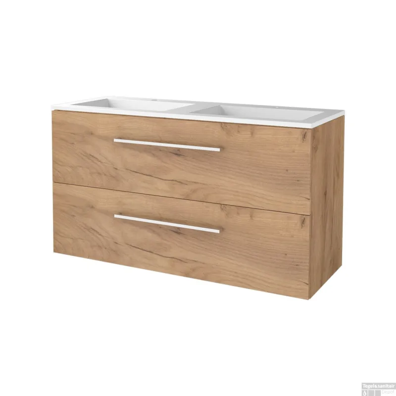Badmeubelset BWS Salt 120x46cm Met Grepen 2 Lades Met Wastafel 2 Kraangaten Whisky Oak Beperkte Voorraad