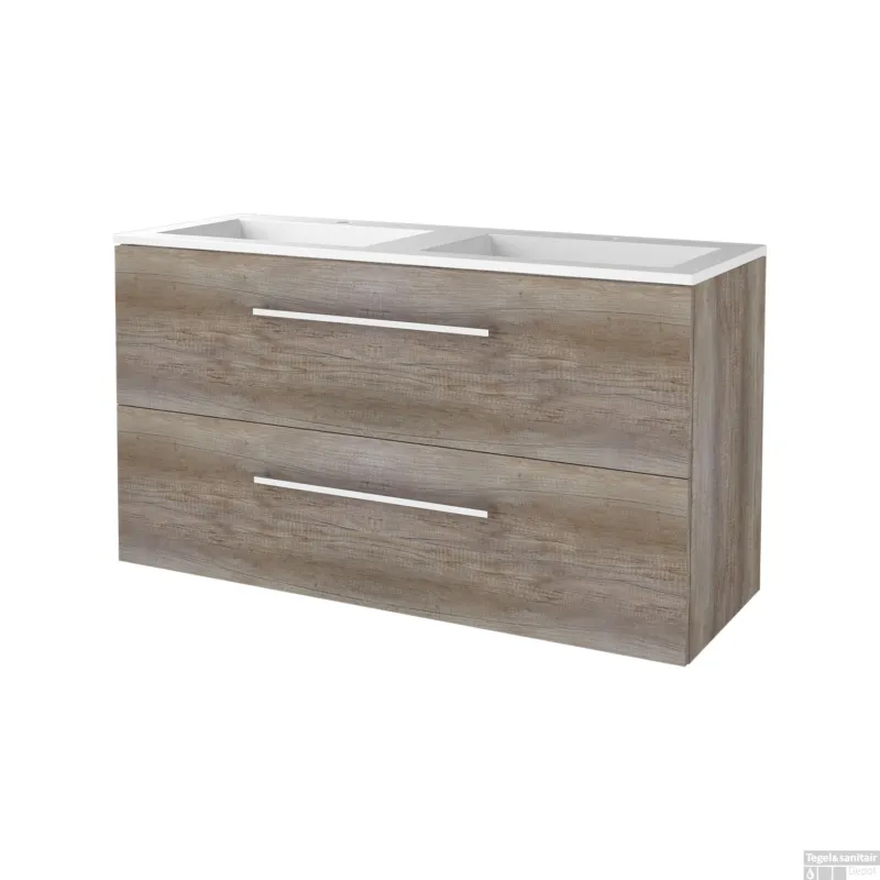 Badmeubelset BWS Salt 120x46cm Met Grepen 2 Lades Met Wastafel 2 Kraangaten Scotch Oak Aanbieding