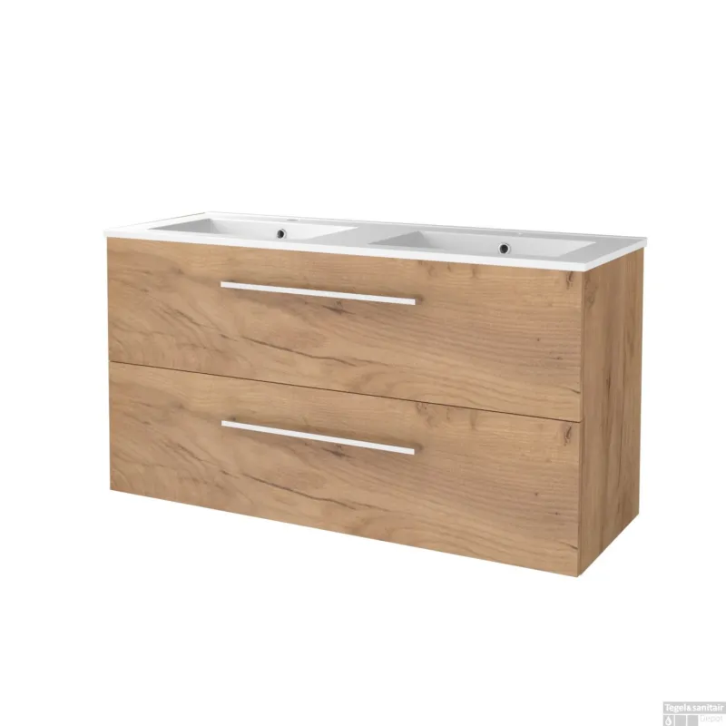 Laatste Versie Badmeubelset BWS Salt 120x46cm Met Grepen 2 Lades Met Wastafel Porselein 2 Kraangaten Whisky Oak