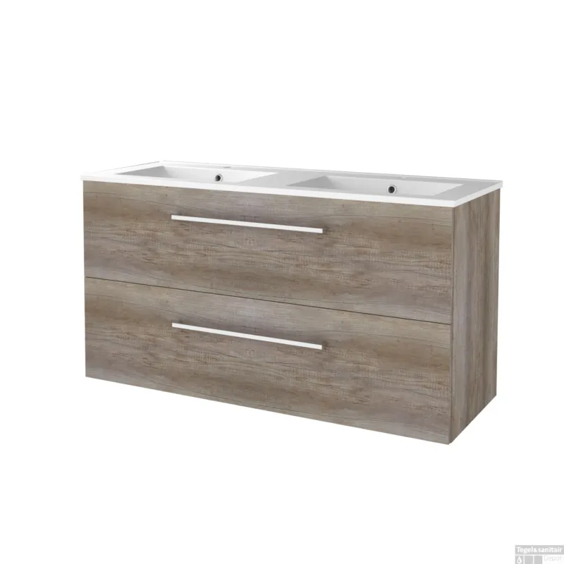 Badmeubelset BWS Salt 120x46cm Met Grepen 2 Lades Met Wastafel Porselein 2 Kraangaten Scotch Oak Uitverkoop