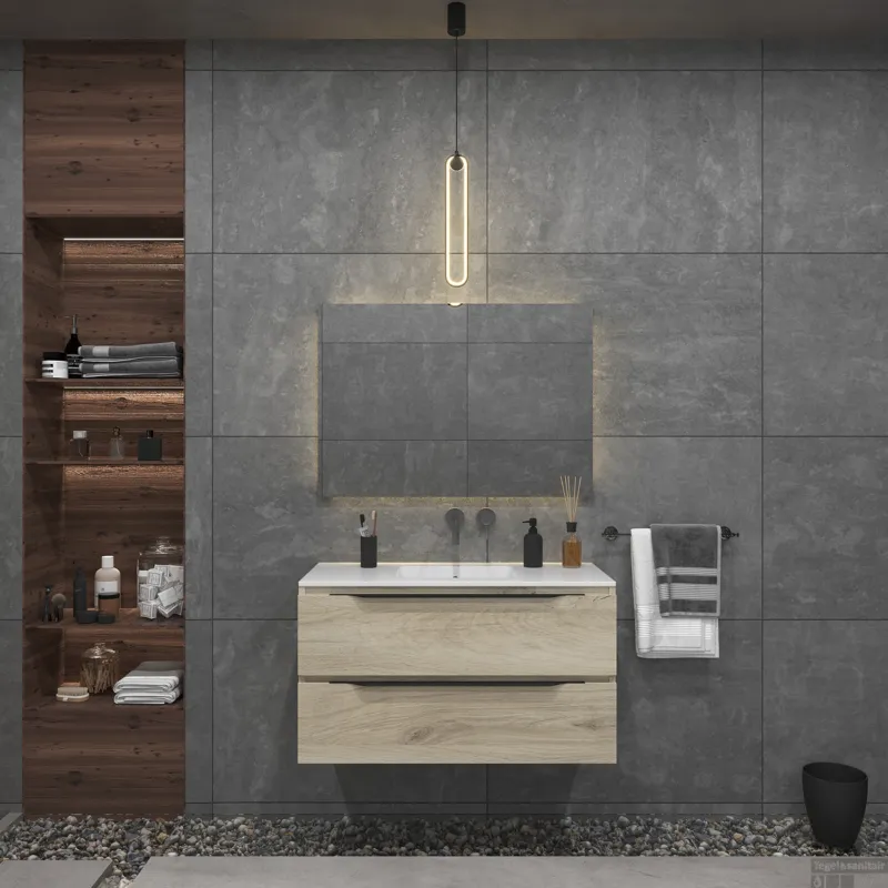Badkamermeubelset Gliss Design Hera Mat Zwart 100cm 2 Laden Licht Grijs Eiken (Keuze Wastafel) Fabrieksprijs