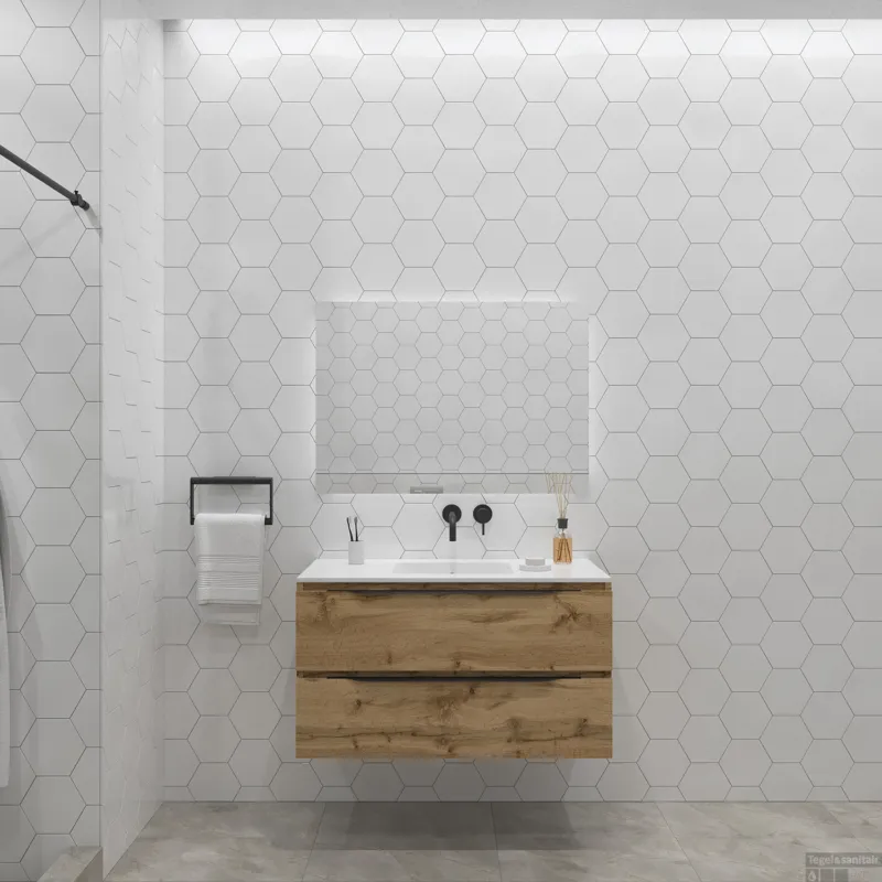 Lage Kosten Badkamermeubelset Gliss Design Hera Mat Zwart 100cm 2 Laden Rustiek Eiken (Keuze Wastafel)