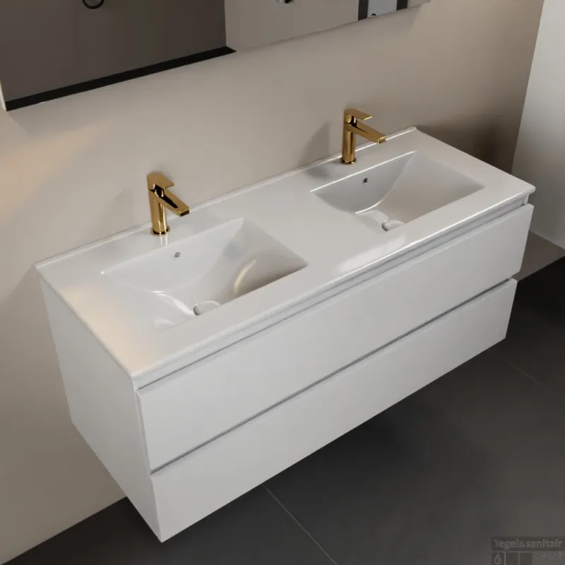 Beste Prijs MONDIAZ AIVY 120cm badmeubel Talc, wastafel glanzend wit keramiek dubbel 2 kraangaten met spiegel (M60104 - AI-M120TADU - AI-S120X73)