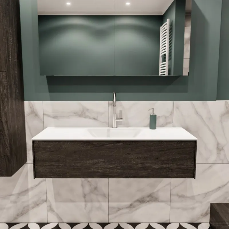 Beperkt Aanbod Badkamermeubel BWS Madrid Dark Brown 120x45x30 cm Mat Witte Solid Surface Wastafel (1 kraangat)