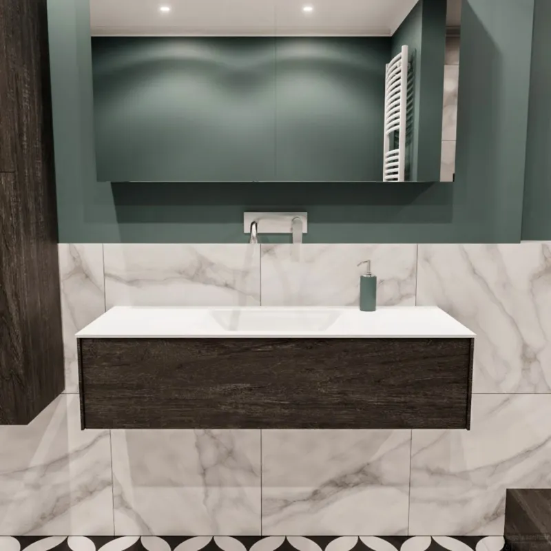 Badkamermeubel BWS Madrid Dark Brown 120x45x30 cm Mat Witte Solid Surface Wastafel (0 kraangaten) Lage Prijs