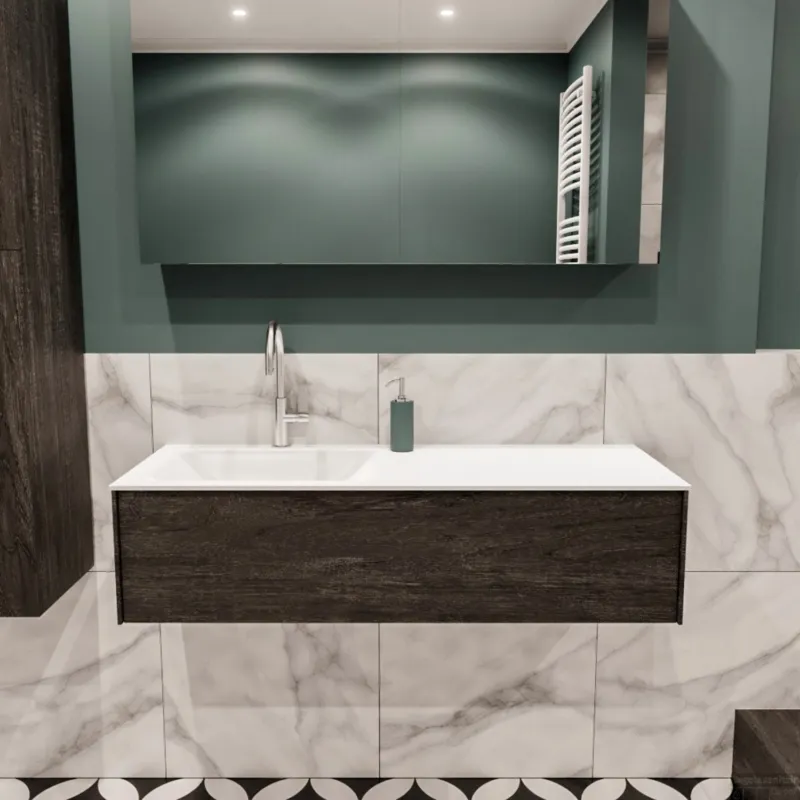 Badkamermeubel BWS Madrid Dark Brown 120x45x30 cm Mat Witte Solid Surface Wastafel Links (1 kraangat) Op = Op