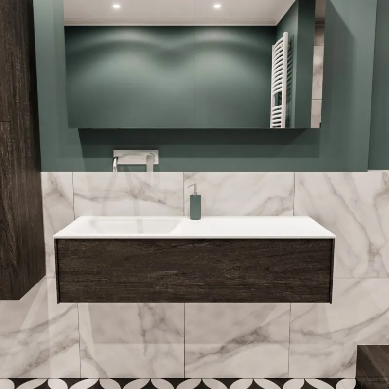 Seizoensaanbieding Badkamermeubel BWS Madrid Dark Brown 120x45x30 cm Mat Witte Solid Surface Wastafel Links (0 kraangaten)