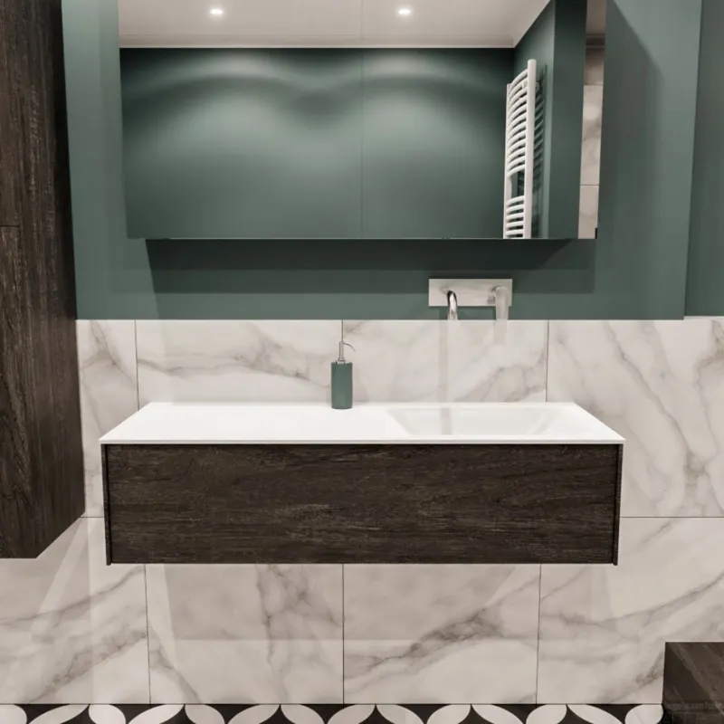 Badkamermeubel BWS Madrid Dark Brown 120x45x30 cm Mat Witte Solid Surface Wastafel Rechts (0 kraangaten) Veilige Betaling