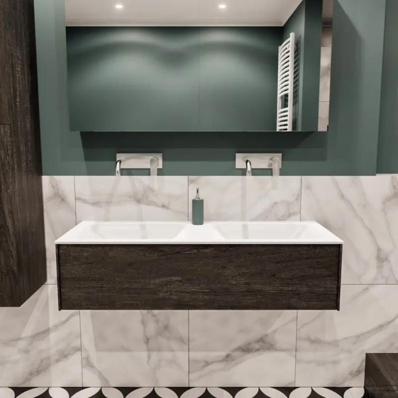 Badkamermeubel BWS Madrid Dark Brown 120x45x30 cm Mat Witte Solid Surface Wastafel Dubbel (0 kraangaten) Actieprijs