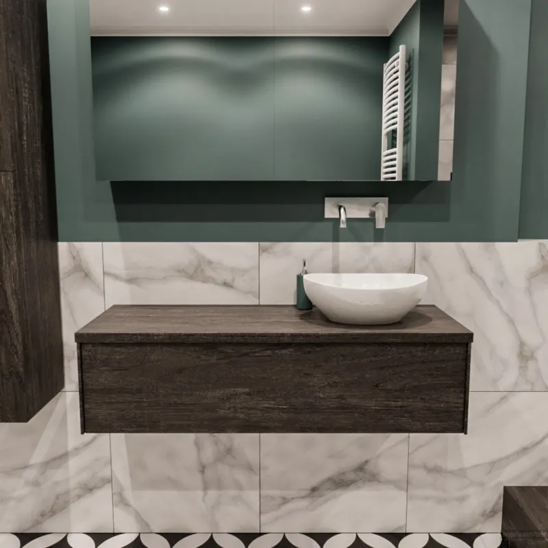 Badkamermeubel BWS Madrid Dark Brown 120 cm met Topblad en Keramische Waskom Rechts (0 kraangaten) Direct Beschikbaar