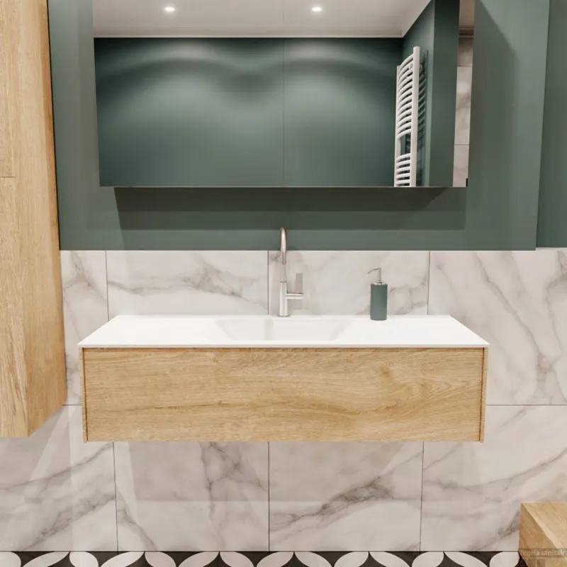 Weekendaanbieding Badkamermeubel BWS Madrid Washed Oak 120x45x30 cm Mat Witte Solid Surface Wastafel (1 kraangat)