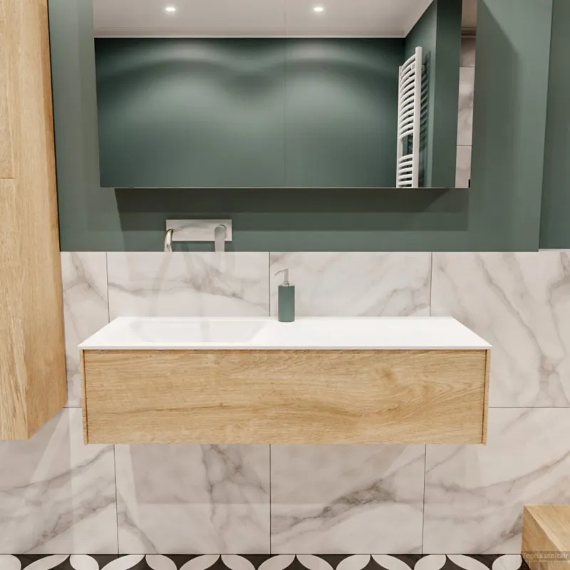 Badkamermeubel BWS Madrid Washed Oak 120x45x30 cm Mat Witte Solid Surface Wastafel Links (0 kraangaten) Uitverkoop