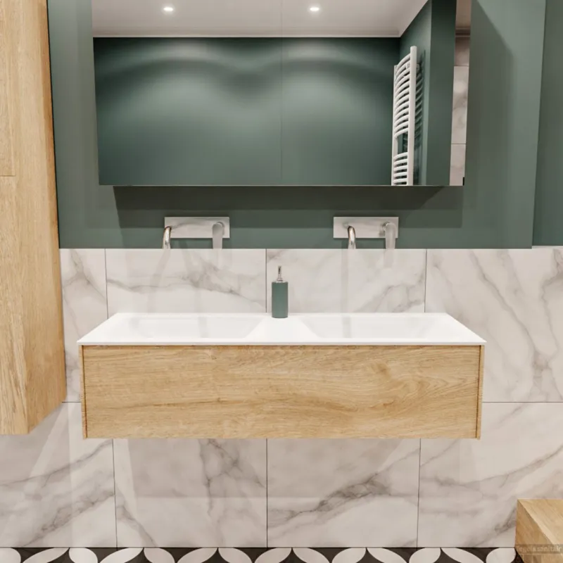 Badkamermeubel BWS Madrid Washed Oak 120x45x30 cm Mat Witte Solid Surface Wastafel Dubbel (0 kraangaten) Hoge Kwaliteit
