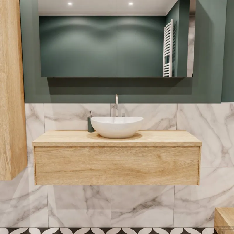 Beperkt Aanbod Badkamermeubel BWS Madrid Washed Oak 120 cm met Topblad en Keramische Waskom (1 kraangat)