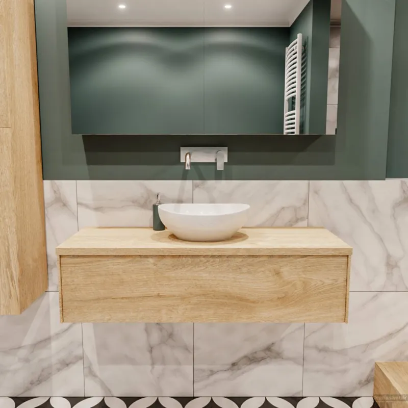 Beste Prijs Badkamermeubel BWS Madrid Washed Oak 120 cm met Topblad en Keramische Waskom (0 kraangaten)