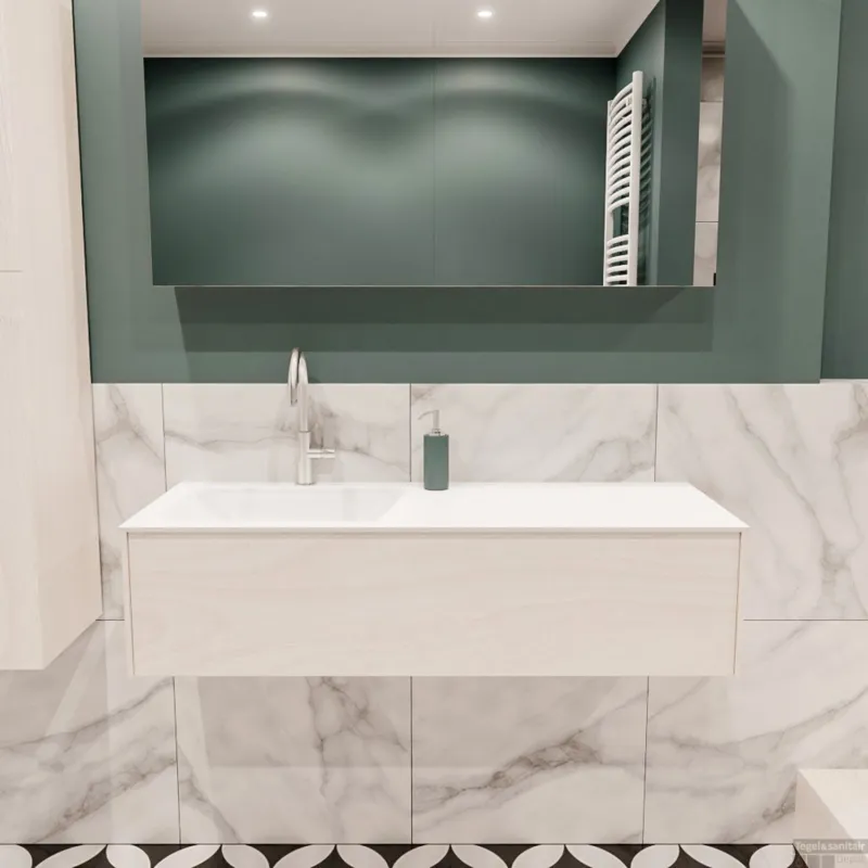 Badkamermeubel BWS Madrid Wit 120x45x30 cm Mat Witte Solid Surface Wastafel Links (1 kraangat) Finale Uitverkoop