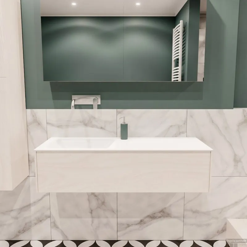 Rechtstreeks Van De Fabrikant Badkamermeubel BWS Madrid Wit 120x45x30 cm Mat Witte Solid Surface Wastafel Links (0 kraangaten)