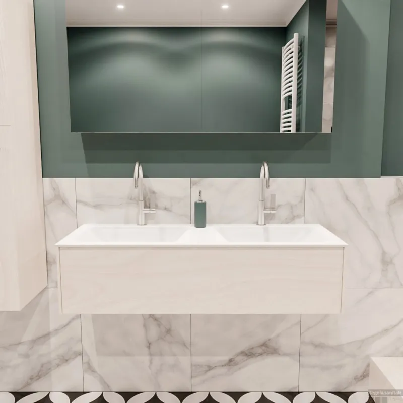 Direct Beschikbaar Badkamermeubel BWS Madrid Wit 120x45x30 cm Mat Witte Solid Surface Wastafel Dubbel (2 kraangaten)