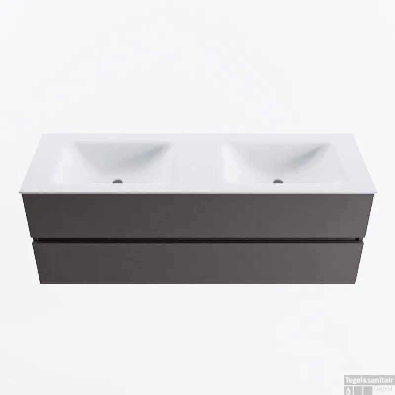 MONDIAZ VICA 140cm badmeubel onderkast Dark Grey 2 lades. Wastafel CLOUD dubbel 2 kraangaten, kleur Talc. Gereduceerde Prijs