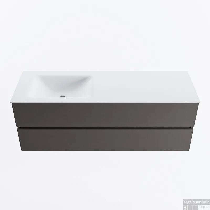 MONDIAZ VICA 140cm badmeubel onderkast Dark Grey 2 lades. Wastafel CLOUD links zonder kraangat, kleur Talc. Flitsaanbieding