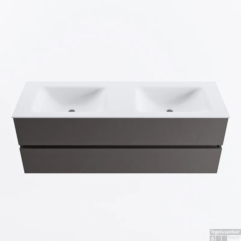 MONDIAZ VICA 140cm badmeubel onderkast Dark Grey 2 lades. Wastafel CLOUD dubbel zonder kraangat, kleur Talc. Actieprijs