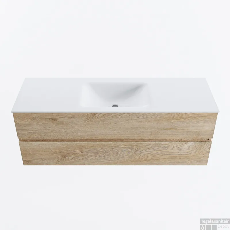 Uitverkoop MONDIAZ VICA 140cm badmeubel onderkast Washed Oak 2 lades. Wastafel CLOUD midden 1 kraangat, kleur Talc.