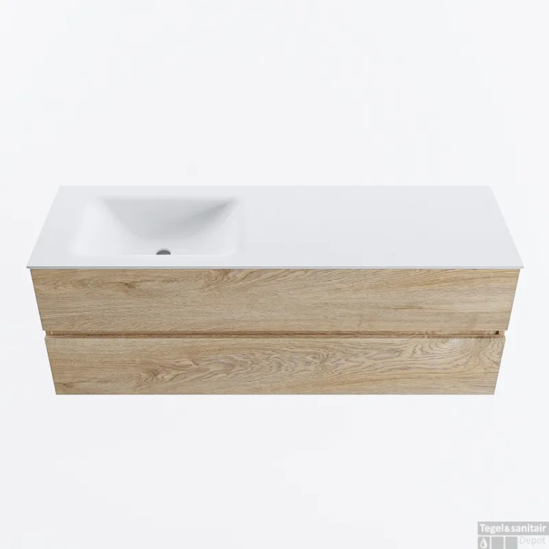 Betaalbaar MONDIAZ VICA 140cm badmeubel onderkast Washed Oak 2 lades. Wastafel CLOUD links 1 kraangat, kleur Talc.