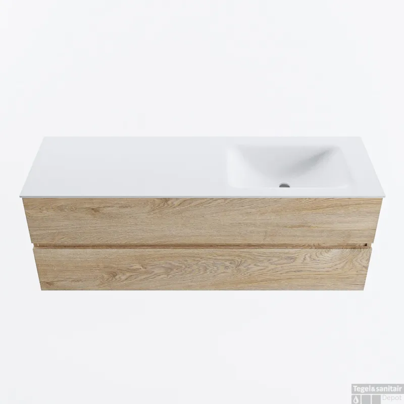 Uitverkoop MONDIAZ VICA 140cm badmeubel onderkast Washed Oak 2 lades. Wastafel CLOUD rechts 1 kraangat, kleur Talc.