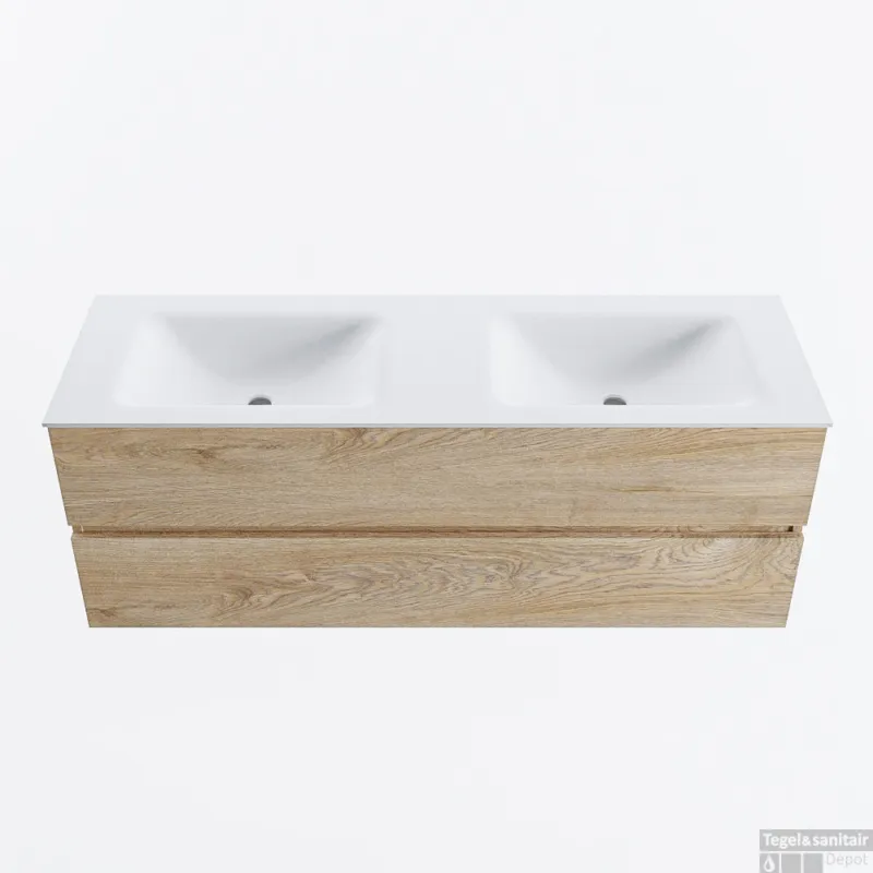 MONDIAZ VICA 140cm badmeubel onderkast Washed Oak 2 lades. Wastafel CLOUD dubbel 2 kraangaten, kleur Talc. Fabrieksprijs