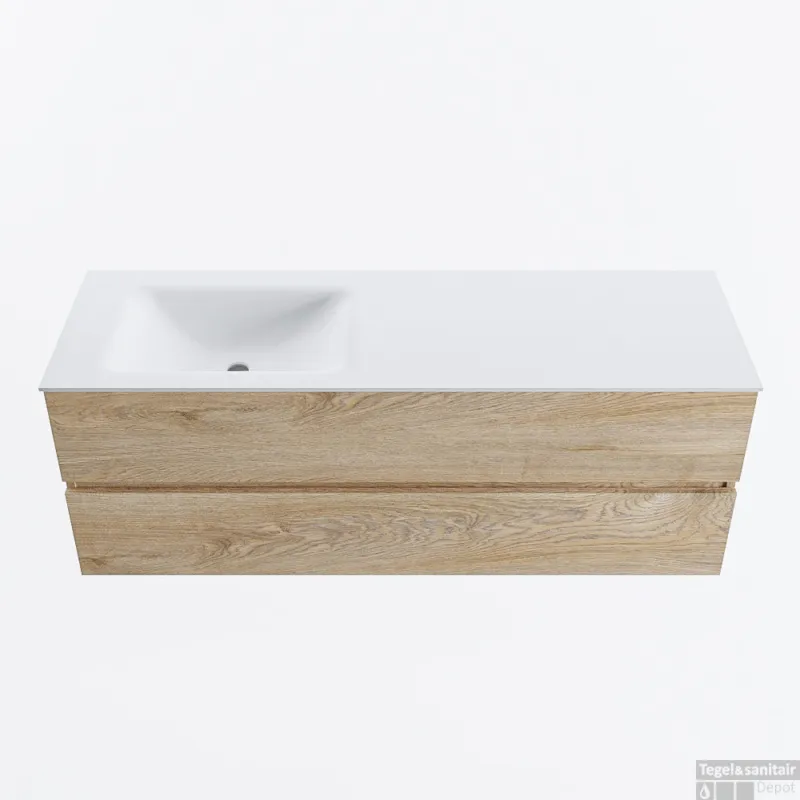 Favoriet MONDIAZ VICA 140cm badmeubel onderkast Washed Oak 2 lades. Wastafel CLOUD links zonder kraangat, kleur Talc.