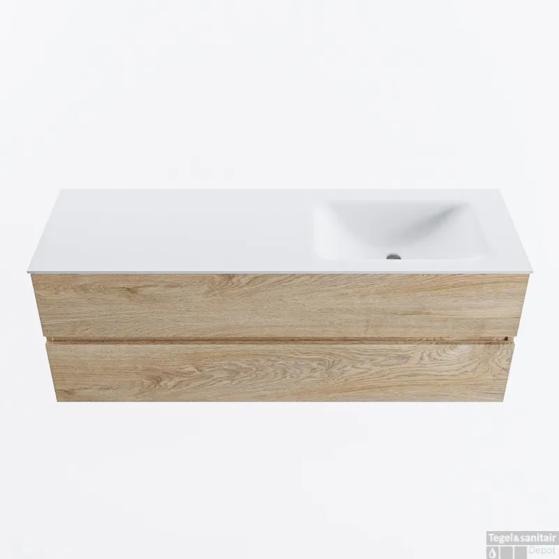 Superprijs MONDIAZ VICA 140cm badmeubel onderkast Washed Oak 2 lades. Wastafel CLOUD rechts zonder kraangat, kleur Talc.