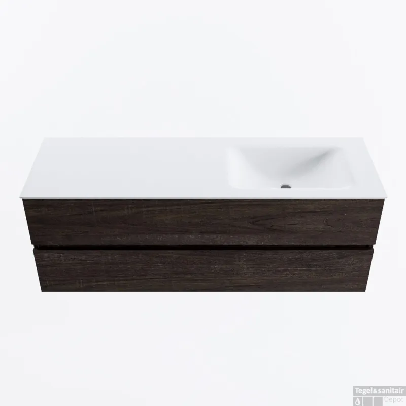MONDIAZ VICA 140cm badmeubel onderkast Dark Brown 2 lades. Wastafel CLOUD rechts zonder kraangat, kleur Talc. Meest Verkocht