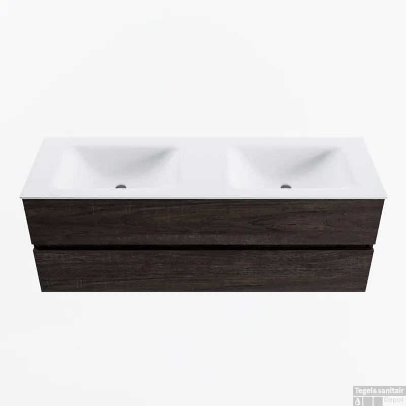 MONDIAZ VICA 140cm badmeubel onderkast Dark Brown 2 lades. Wastafel CLOUD dubbel zonder kraangat, kleur Talc. Veilige Betaling