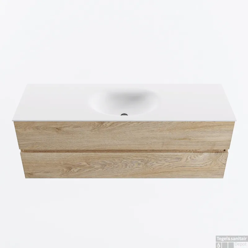 Actieprijs MONDIAZ VICA 140cm badmeubel onderkast Washed Oak 2 lades. Wastafel MOON midden 1 kraangat, kleur Talc.