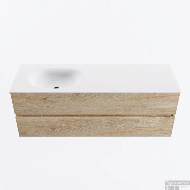 MONDIAZ VICA 140cm badmeubel onderkast Washed Oak 2 lades. Wastafel MOON links 1 kraangat, kleur Talc. Koopje