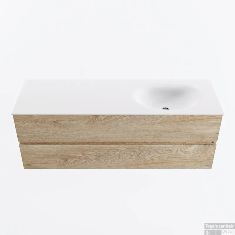 MONDIAZ VICA 140cm badmeubel onderkast Washed Oak 2 lades. Wastafel MOON rechts 1 kraangat, kleur Talc. Koop Online