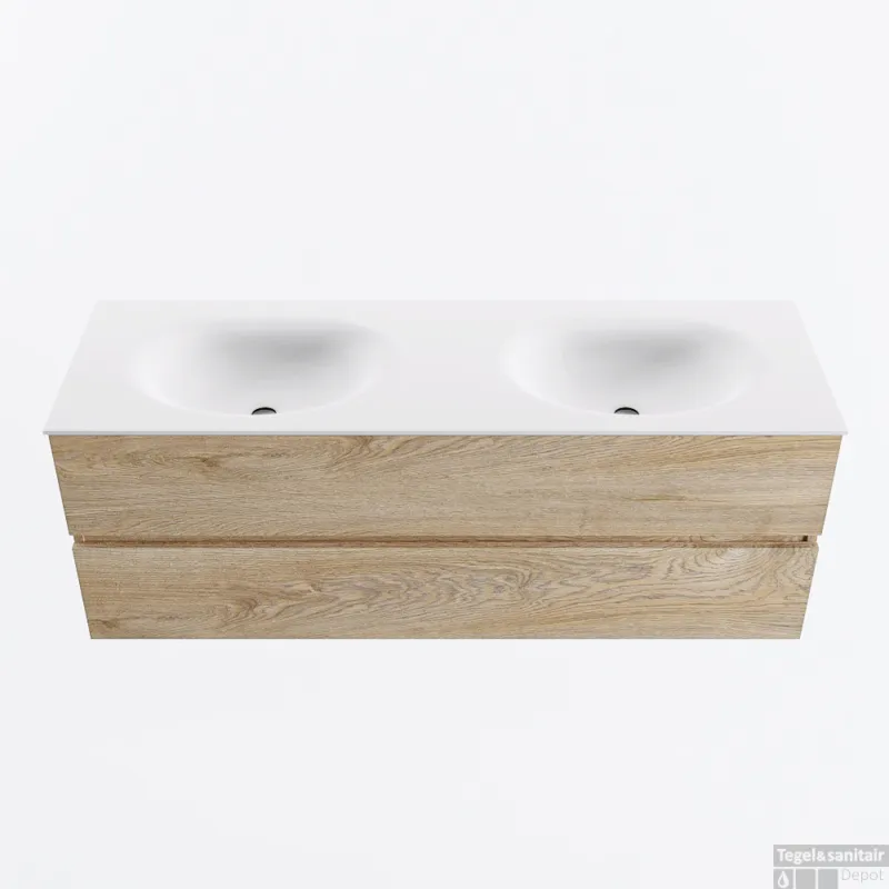 Tijdelijk Beschikbaar MONDIAZ VICA 140cm badmeubel onderkast Washed Oak 2 lades. Wastafel MOON dubbel 2 kraangaten, kleur Talc.