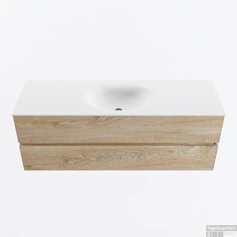 Beperkt Aanbod MONDIAZ VICA 140cm badmeubel onderkast Washed Oak 2 lades. Wastafel MOON midden zonder kraangat, kleur Talc.