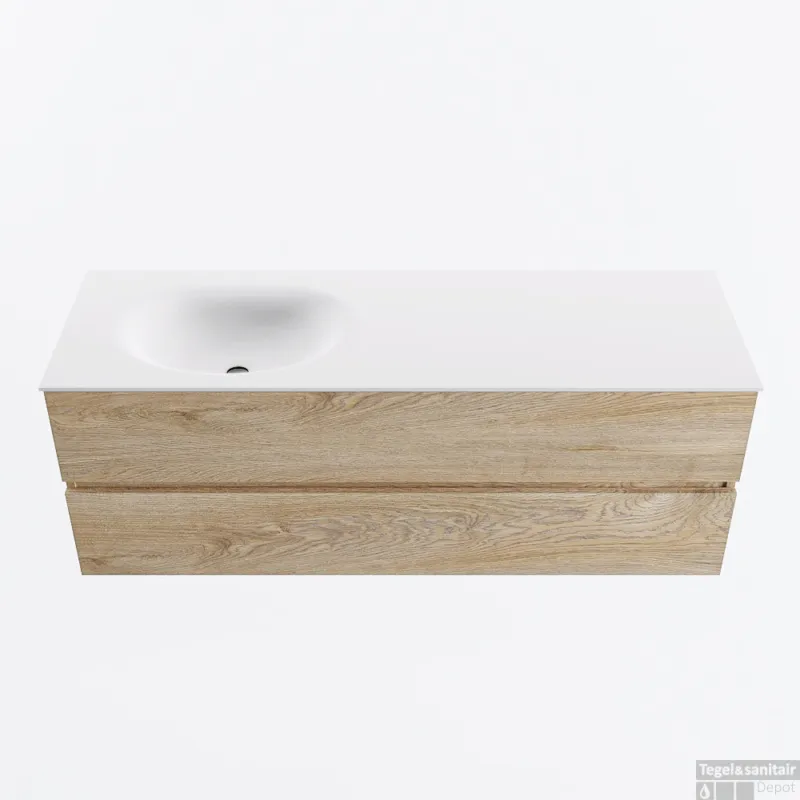 Must-Have MONDIAZ VICA 140cm badmeubel onderkast Washed Oak 2 lades. Wastafel MOON links zonder kraangat, kleur Talc.