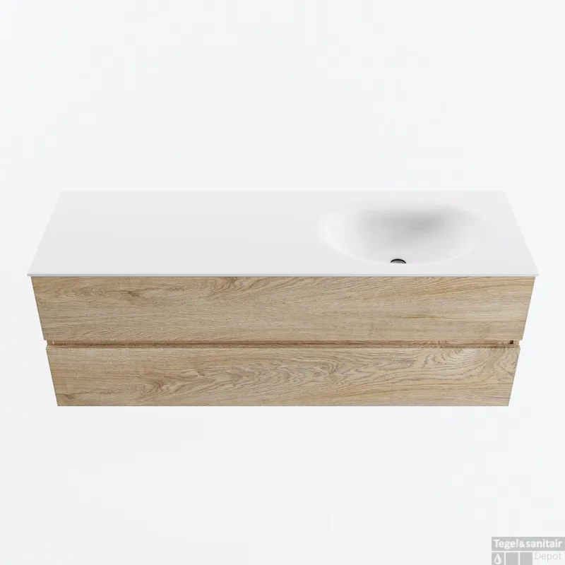 Express Levering MONDIAZ VICA 140cm badmeubel onderkast Washed Oak 2 lades. Wastafel MOON rechts zonder kraangat, kleur Talc.
