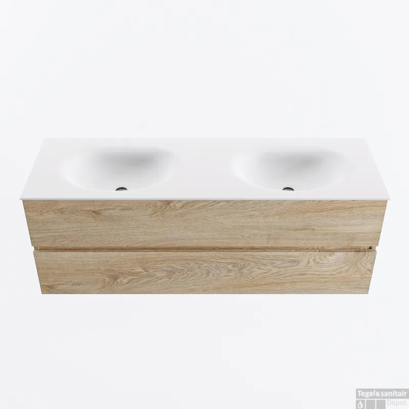 Veilige Betaling MONDIAZ VICA 140cm badmeubel onderkast Washed Oak 2 lades. Wastafel MOON dubbel zonder kraangat, kleur Talc.