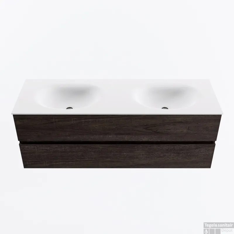 MONDIAZ VICA 140cm badmeubel onderkast Dark Brown 2 lades. Wastafel MOON dubbel 2 kraangaten, kleur Talc. Populair
