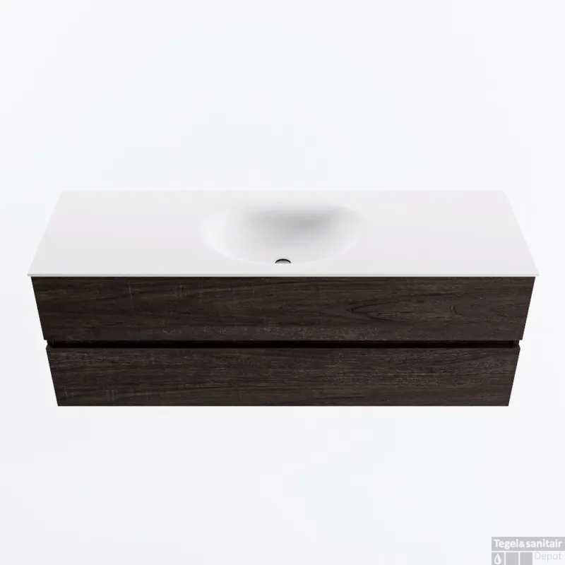 MONDIAZ VICA 140cm badmeubel onderkast Dark Brown 2 lades. Wastafel MOON midden zonder kraangat, kleur Talc. Shop Nu