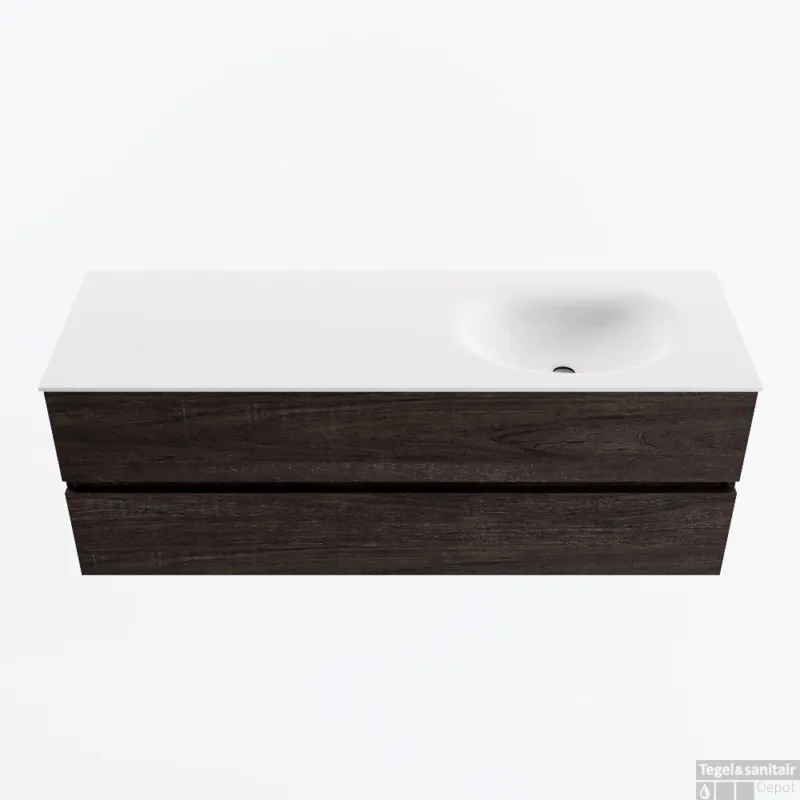 MONDIAZ VICA 140cm badmeubel onderkast Dark Brown 2 lades. Wastafel MOON rechts zonder kraangat, kleur Talc. Koop Vandaag