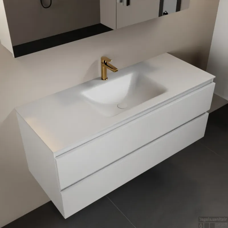 MONDIAZ AIVY 120cm badmeubel Talc, wastafel Talc solid surface midden 1 kraangat met spiegelkast (AI-351621TALC-SI - AI-M120TAMI - AI-C120TAMI) Merkproduct