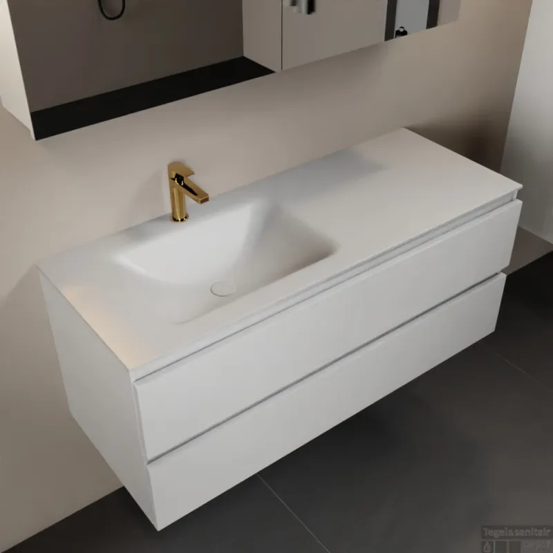 Nu Kopen MONDIAZ AIVY 120cm badmeubel Talc, wastafel Talc solid surface links 1 kraangat met spiegelkast (AI-351631TALC-SI - AI-M120TALI - AI-C120TAMI)