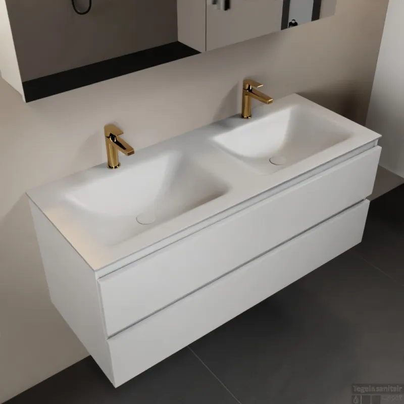 MONDIAZ AIVY 120cm badmeubel Talc, wastafel Talc solid surface dubbel 2 kraangaten met spiegelkast (AI-351651TALC-SI - AI-M120TADU - AI-C120TAMI) Finale Uitverkoop