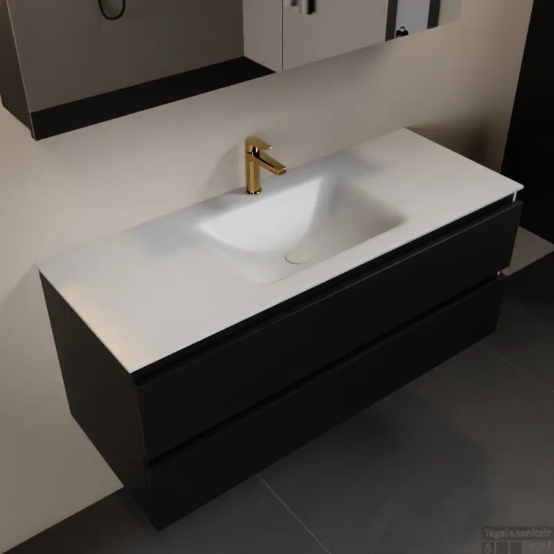MONDIAZ AIVY 120cm badmeubel Urban, wastafel Talc solid surface midden 1 kraangat met spiegelkast (AI-351621TALC-SI - AI-M120URMI - AI-C120URMI) Rechtstreeks Van De Fabrikant